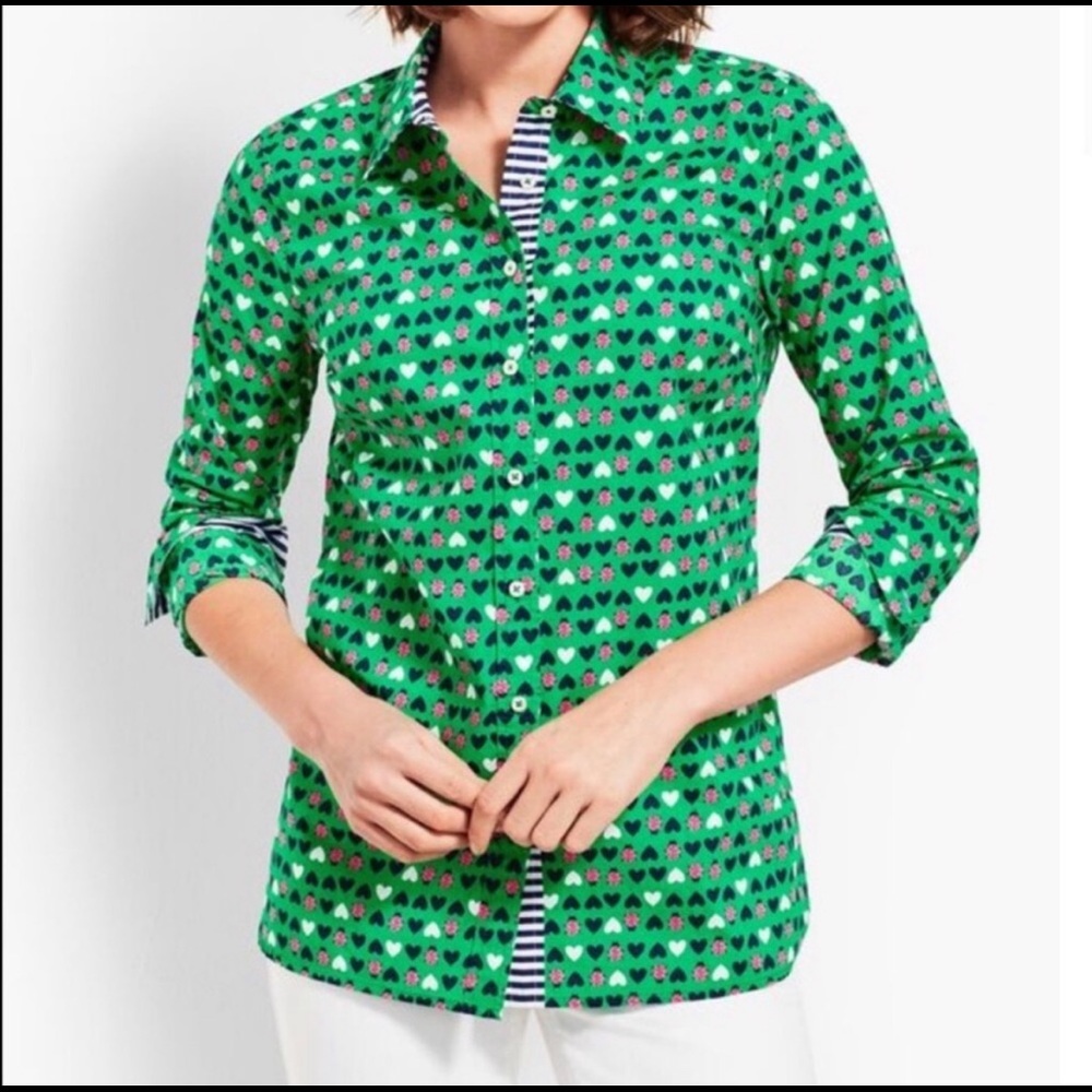 Kelly Green Buttondown Shirt with Ladybugs and Hearts (Petite)